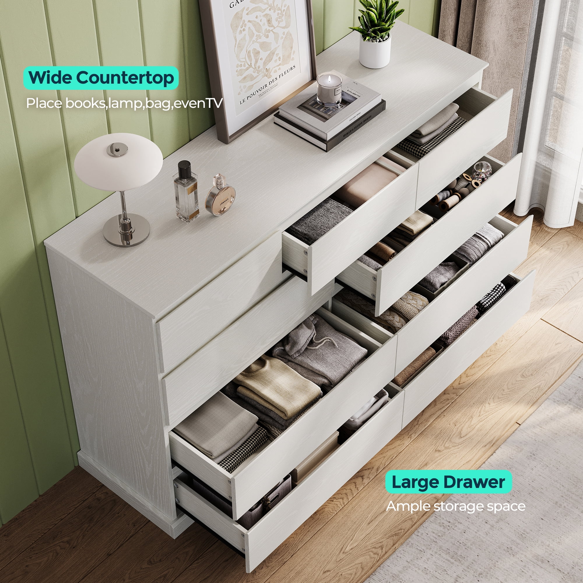 Linsy Home Modern Wood Dressers for Bedroom, Wide Chest of 9 Drawers, White - Image 4