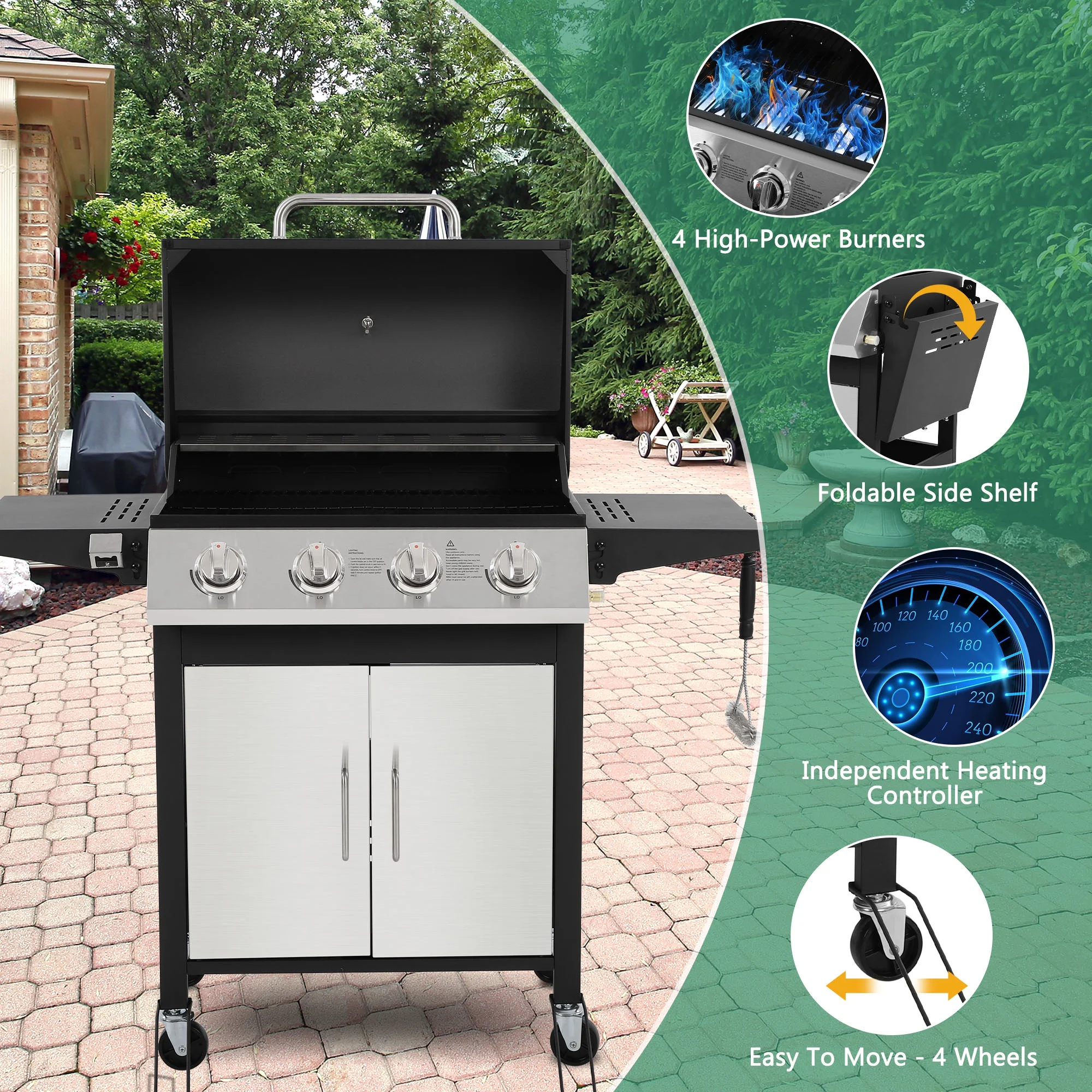4-Burner Gas Grill with 4 Universal Wheels & Bottle Opener, 40000BTU Outdoor Grill with Side Table for Camping, Black & Sliver - Image 4