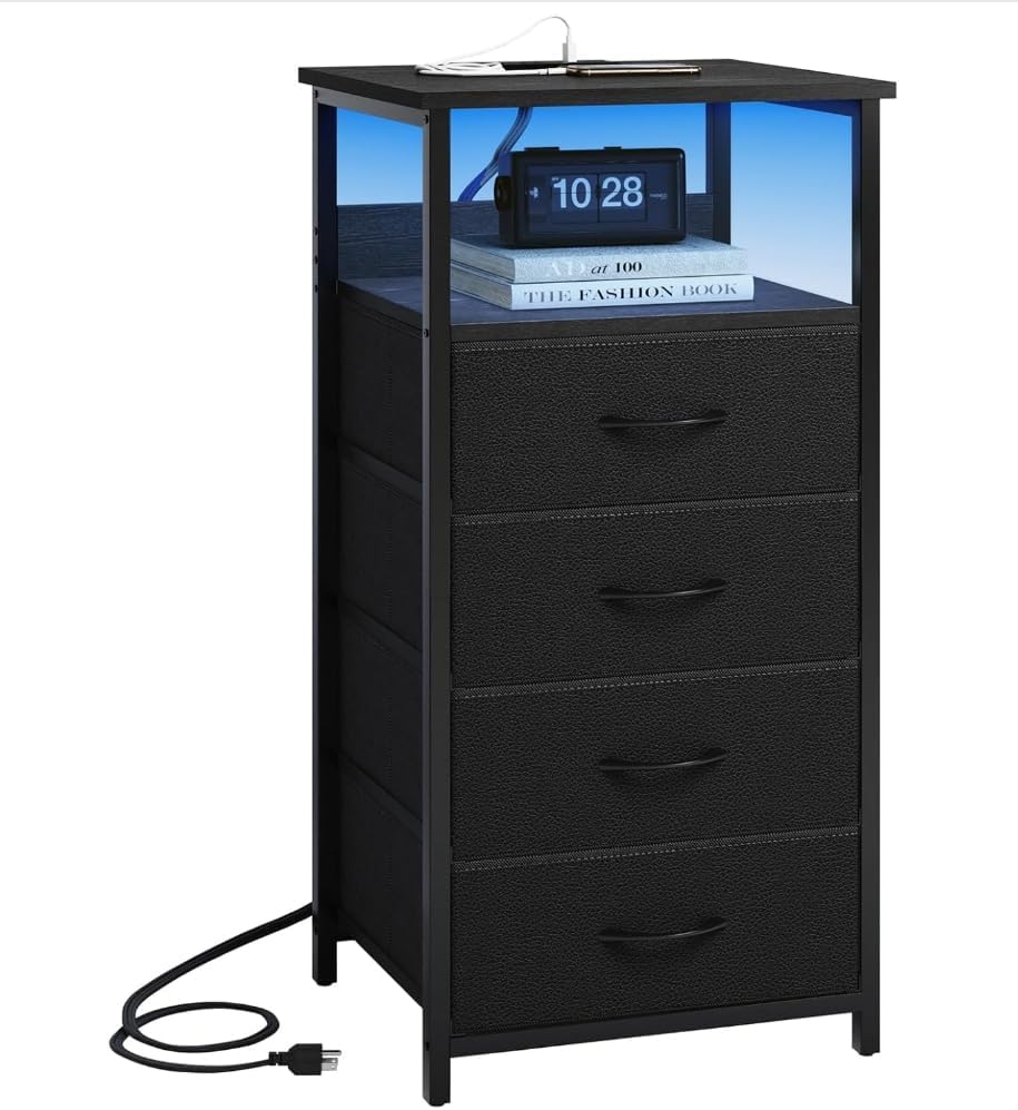 Black Tall Nightstand with Charging Station, 4 Fabric Drawers, RGB LED & Open Shelves - Image 4 Black Tall Nightstand with Charging Station, 4 Fabric Drawers, RGB LED & Open Shelves - Image 4