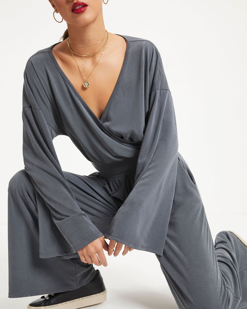 Molly Wide Sleeve Crop Top - Charcoal - Se7enfashion