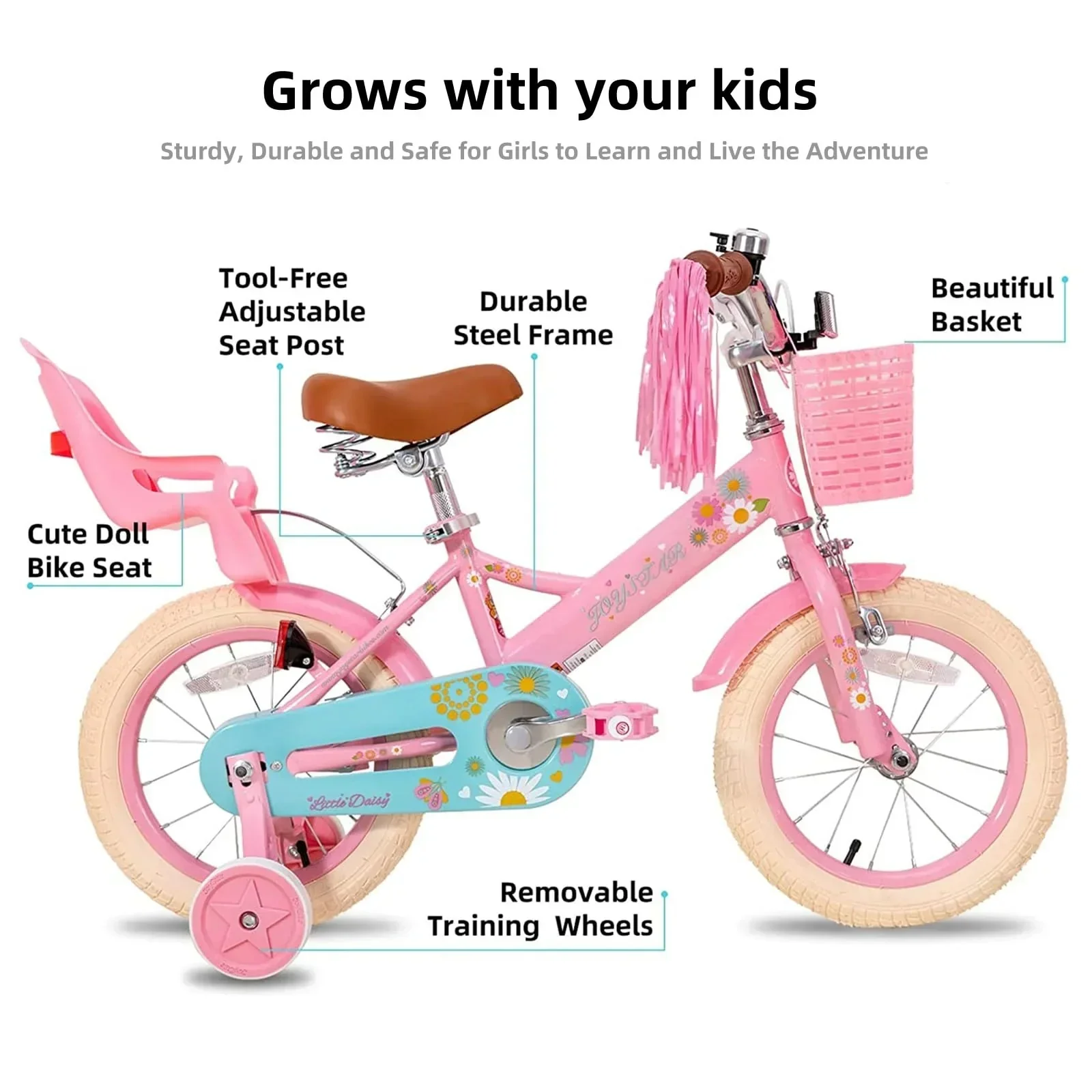 JOYSTAR Little Daisy Girls' Bike, 14 Inch, Pink With Training Wheels - Image 7 JOYSTAR Little Daisy Girls' Bike, 14 Inch, Pink With Training Wheels - Image 7