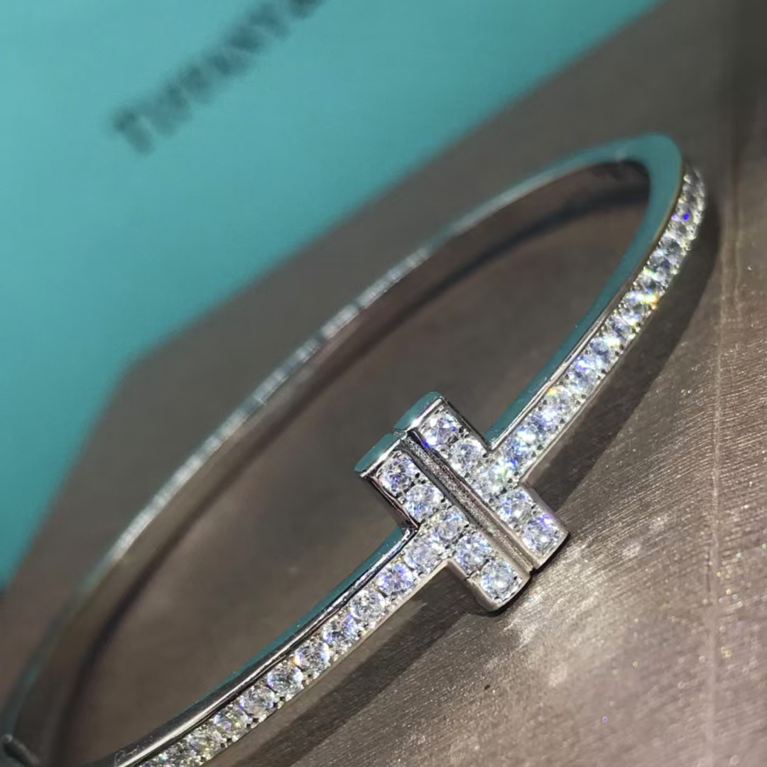 Tiffany Full Diamond Paved Double T Bangle Bracelet - Original Replica Club
