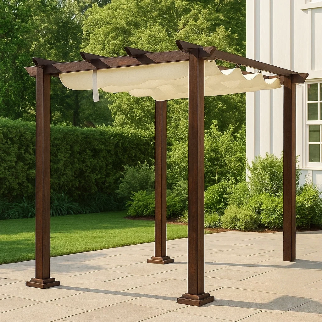 Pérgola rectangular de madera maciza marrón,con techo retráctil de tela beige,estructura fija con postes anclados,300x300x240 cm,para terraza o jardín - aS1YMEYmEhY7
