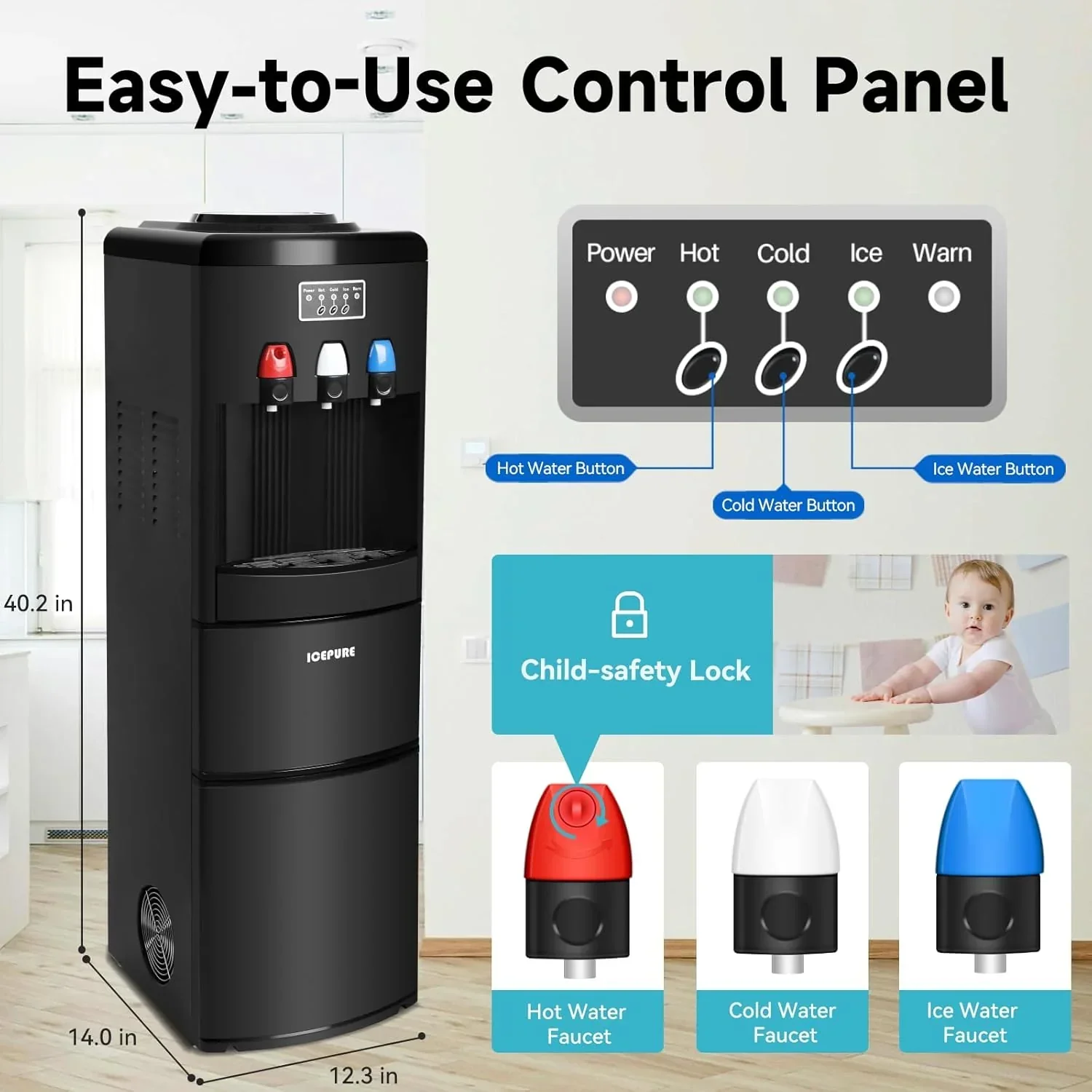 ICEPURE Water Dispenser with Ice Maker 3-in-1 Hot and Cold Water Cooler Ice Maker Machine