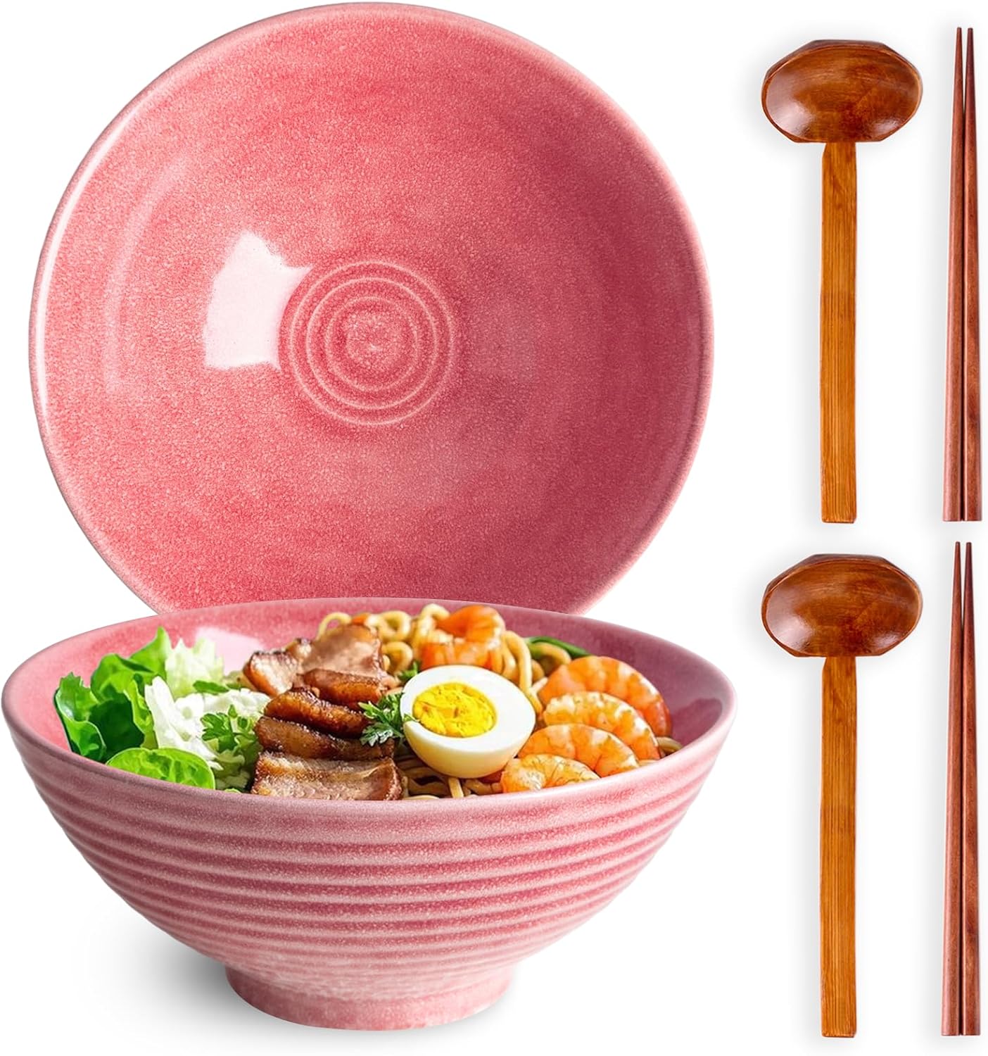 40oz Japanese Ceramic Ramen Bowl Set of 2 with Chopsticks and Spoons for Pho Udon Asian Soup Noodles (Pink)