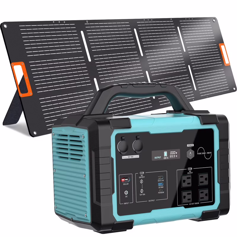 1000W Portable Solar Generator, 1024wh LiFePO4 Battery Power Station with 100W Solar Panel, USB - C Power Bank for for Camping, Outdoor Travel, RV, and Home Emergency - Blue