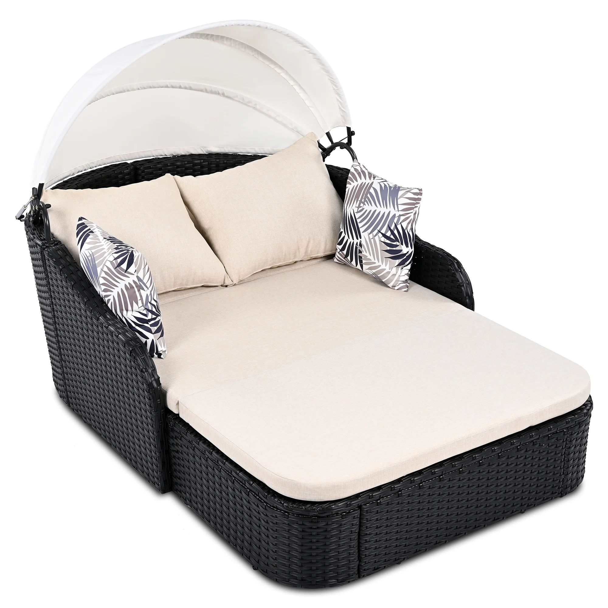 Harper & Bright Designs Rattan Outdoor Double Lounge Chaise 2-Person PE Wicker Outdoor Patio Sunbed with Canopy Cover for Backyard Garden Balcony, Beige+Black - Image 11