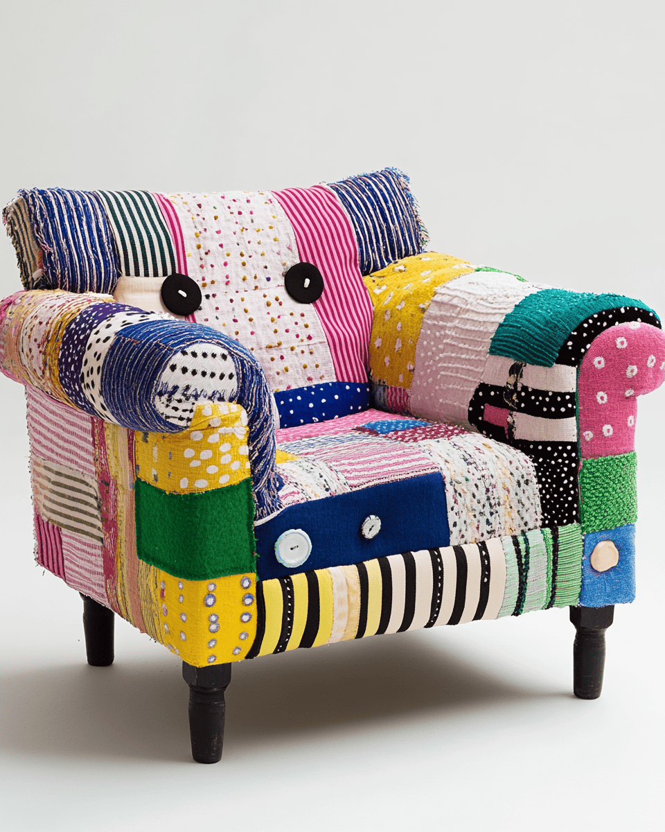 Sillón tapizado en patchwork – multicolor – estilo bohemio con botones decorativos