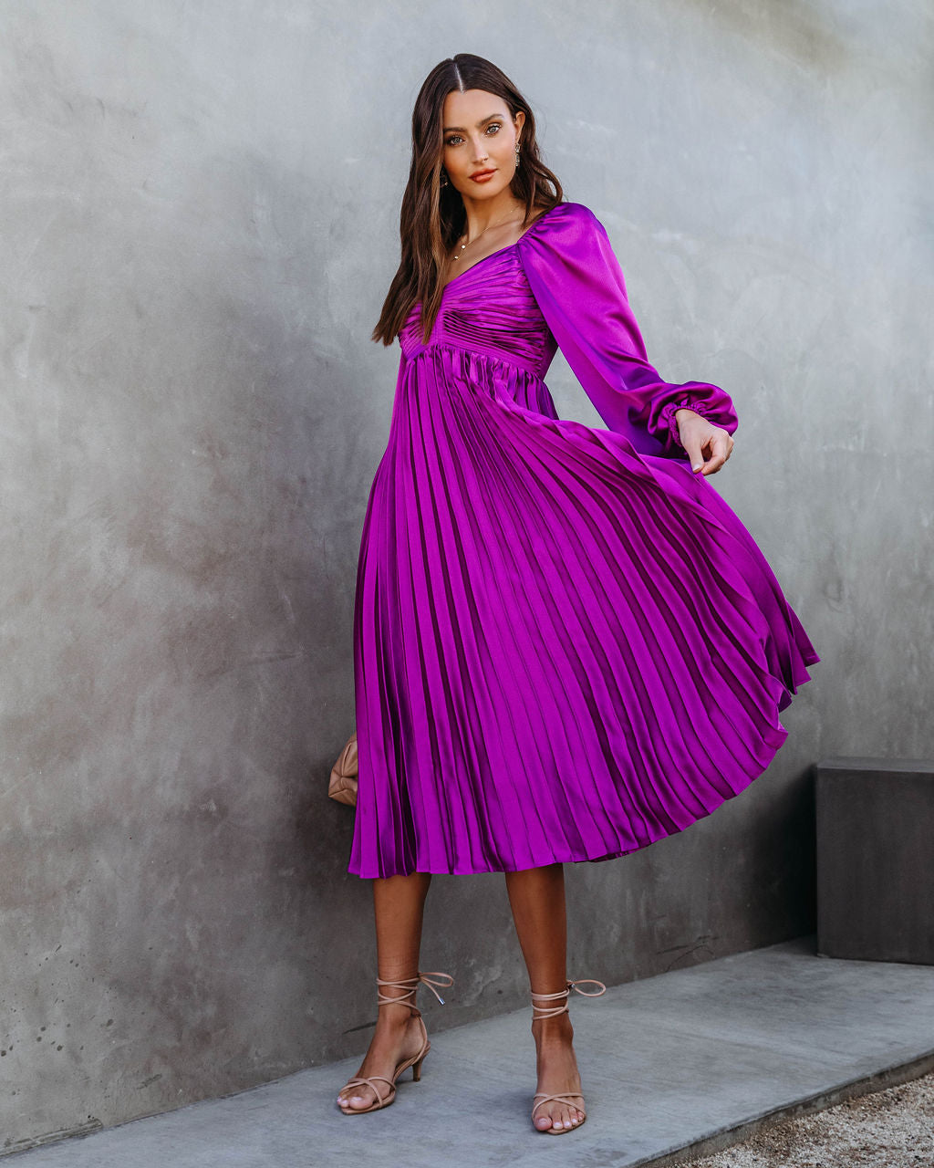 Romantic One Satin Pleated Midi Dress - Purple - Se7enfashion
