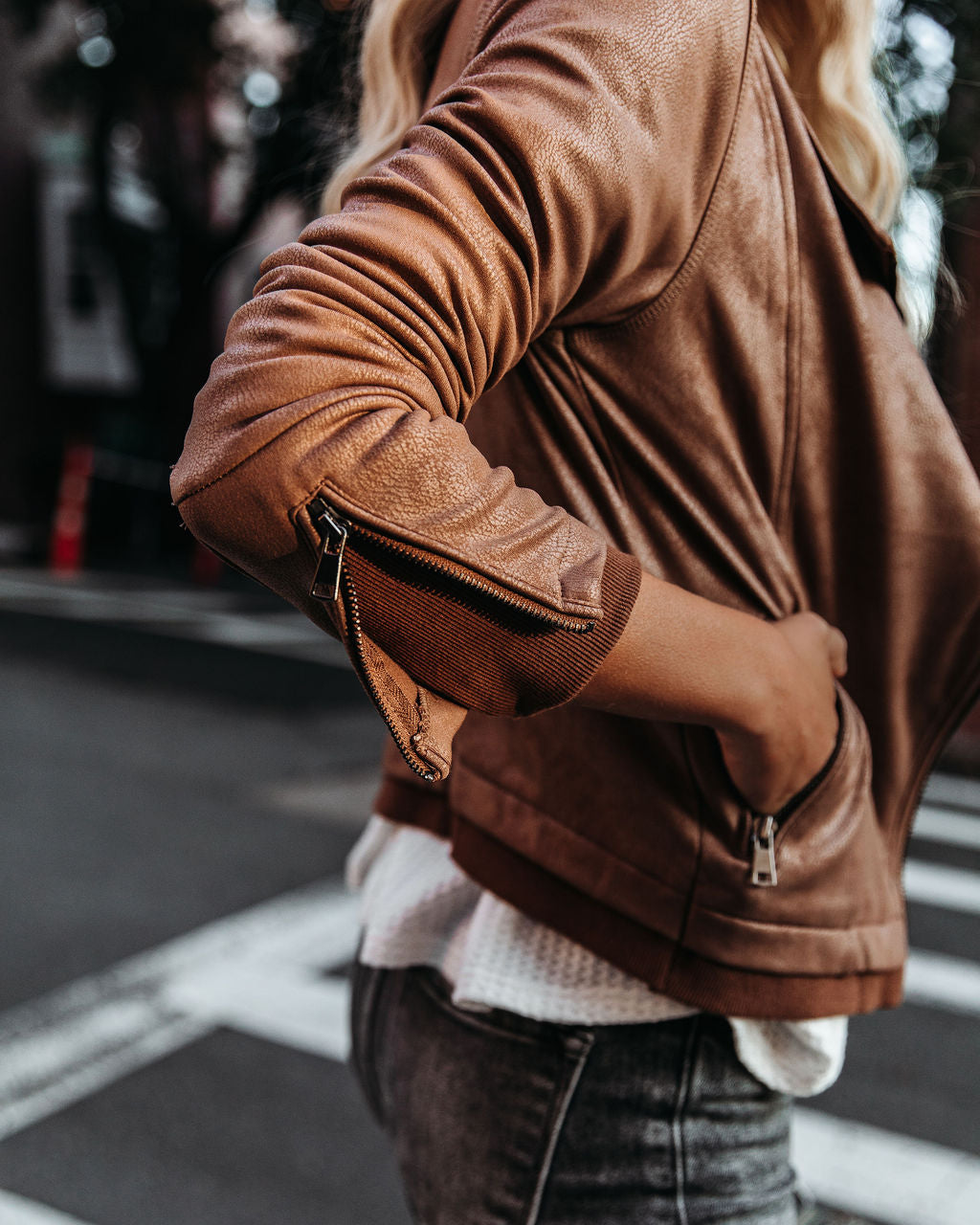 Slick Chick Coated Faux Leather Moto Jacket - Taupe - Se7enfashion