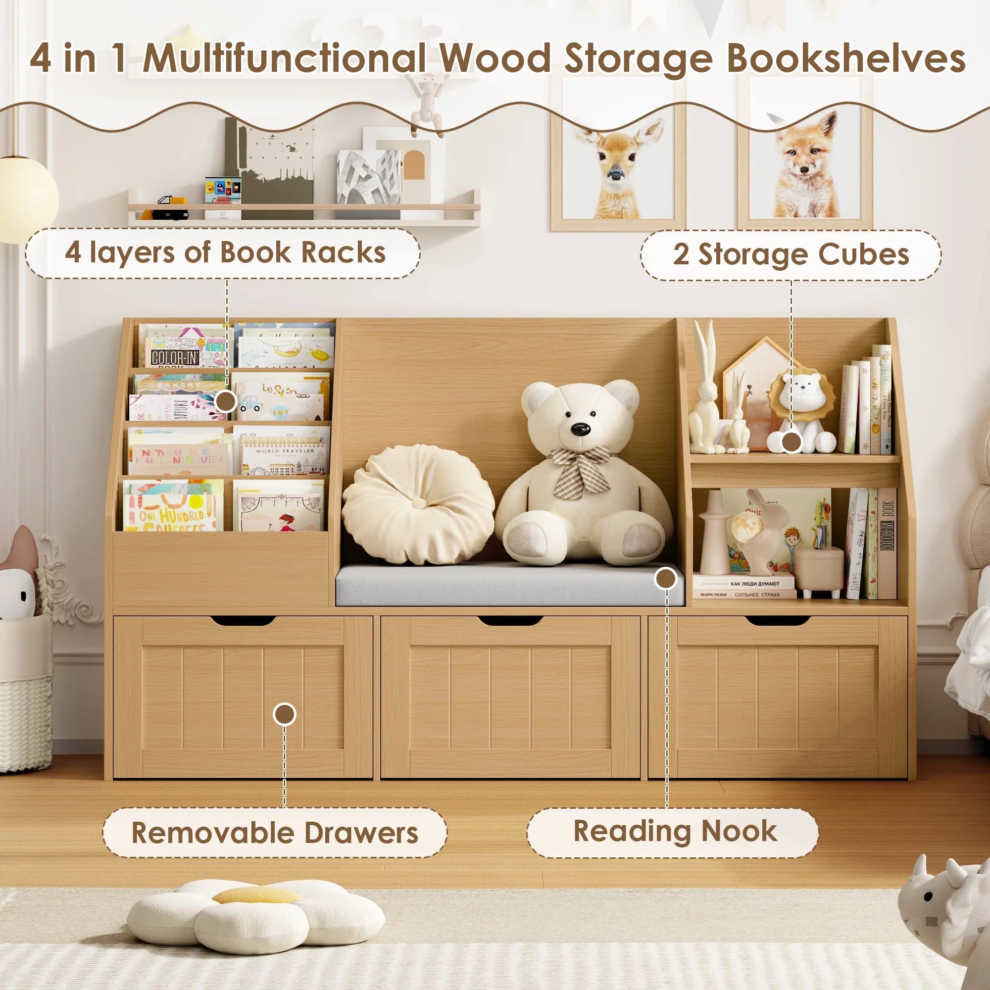 Homfa Kids Bookshelf with Reading Nook & 3 Movable Drawers, 2 Cube Bookcase with 4-Tier Book Racks, Toy Storage Organizer for Playroom Bedroom, White - Image 15