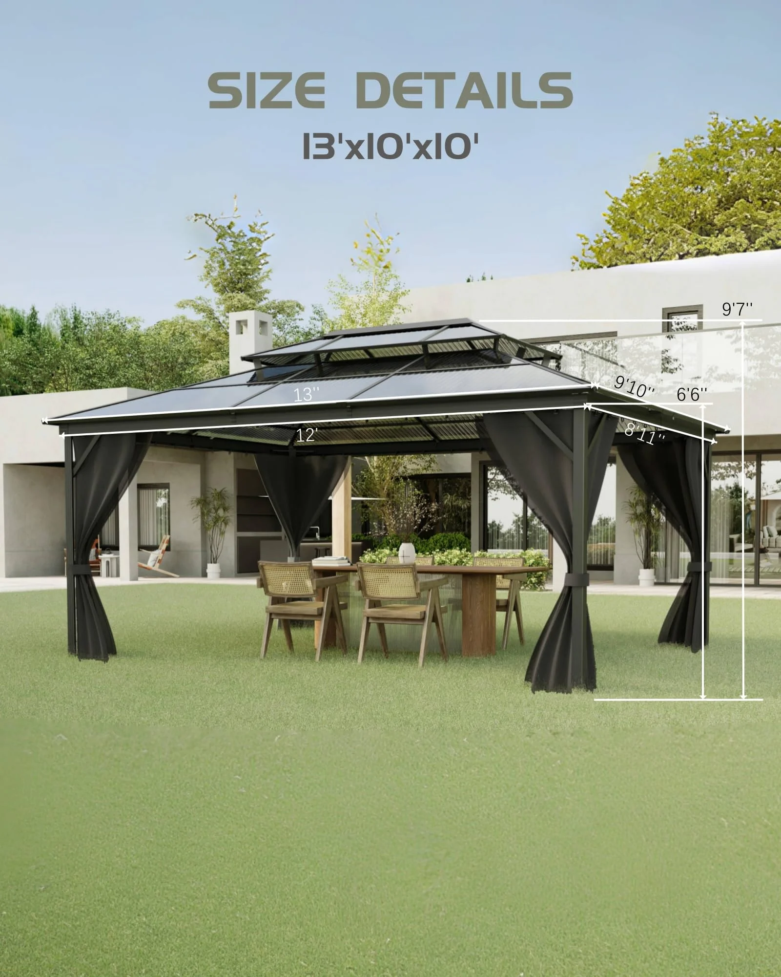 TROPOW Gazebos for Gardens,All Seasons Gazebos,Hardtop Gazebo 10'x13' for All Weather, Double Polycarbonate Sheets Roof, Aluminum Alloy Frame, Net, and Curtain, Permanent Building for Patio,Gray - Image 4
