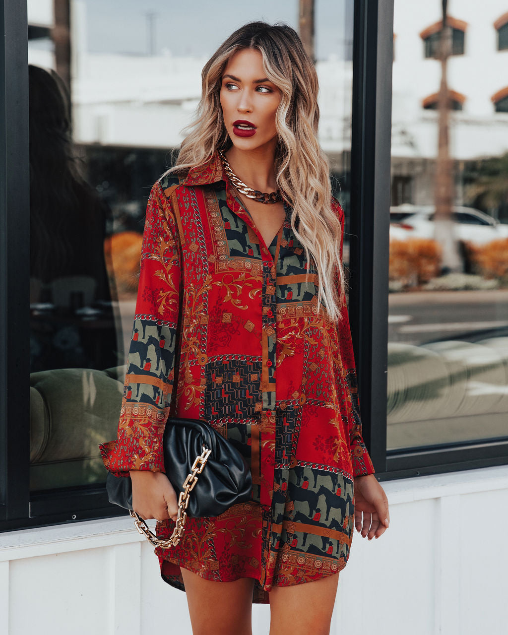 Zyla Mix Print Satin Button Down Shirt Dress - Se7enfashion