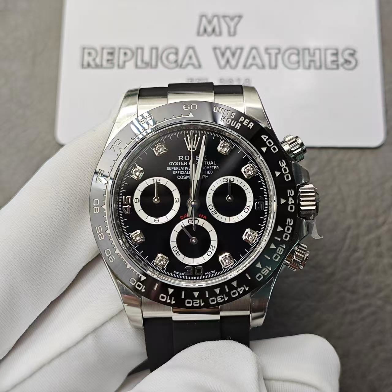 Replica Rolex Daytona Diamond Bezel White Gold Automatic Black Dial