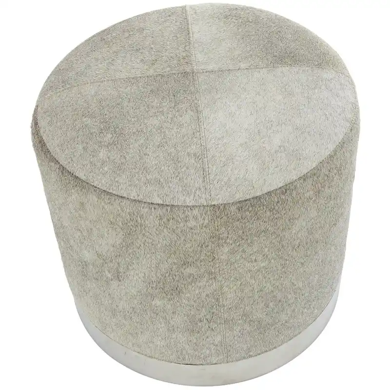 Gray Leather Patchwork Living Room Stool with Silver Metal Base - Roche River Decor