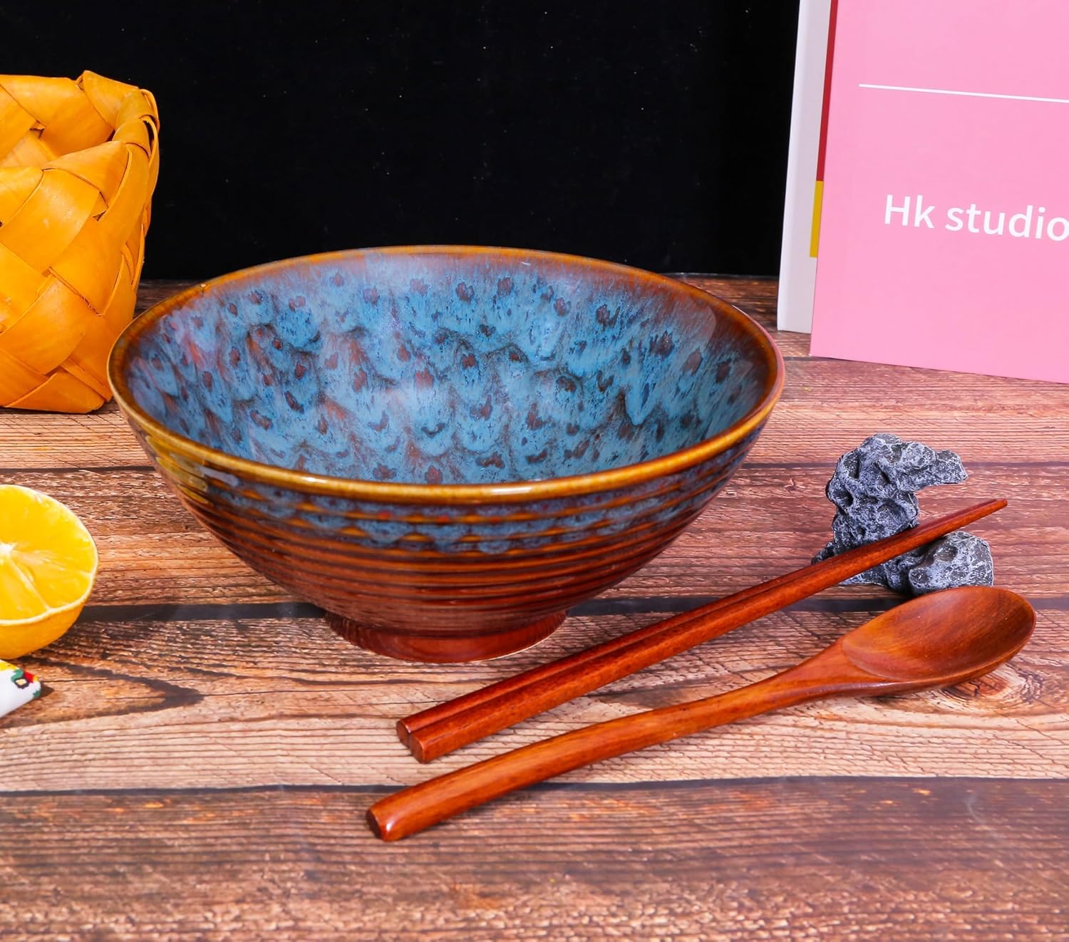 Ceramic Ramen Bowls - 40 oz - 20cm - With Spoon and Chopsticks for Ramen Soup Pho Udon Asian Noodles, Large Noodle Bowls (Cat's eye glaze)