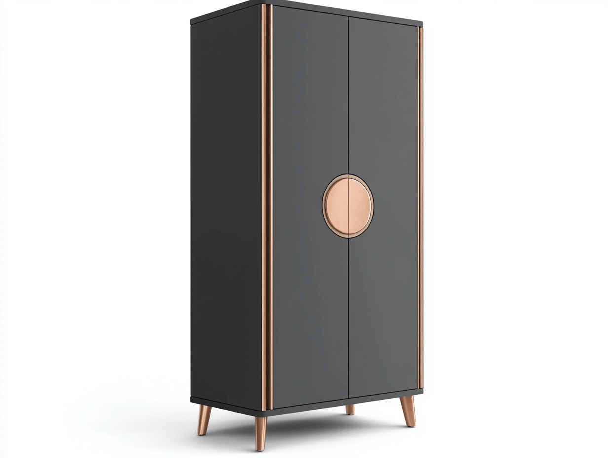 Armario alto con puertas batientes – 70×45×170 cm – gris oscuro y cobre – diseño moderno con tirador circular