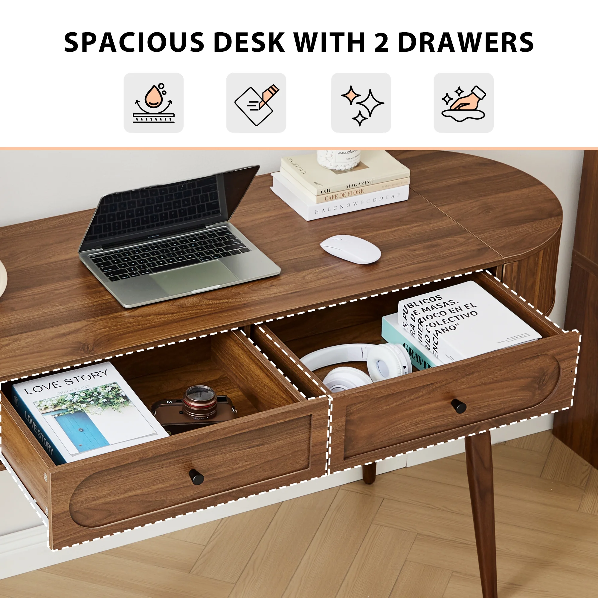 YOCWO Modern Home Office Desk with 2 Drawers and 2 Fflip-top Storage, Oval Computer PC Desk Table, Vanity Desk with Fluted Curved Table Edge, Walnut - Image 2
