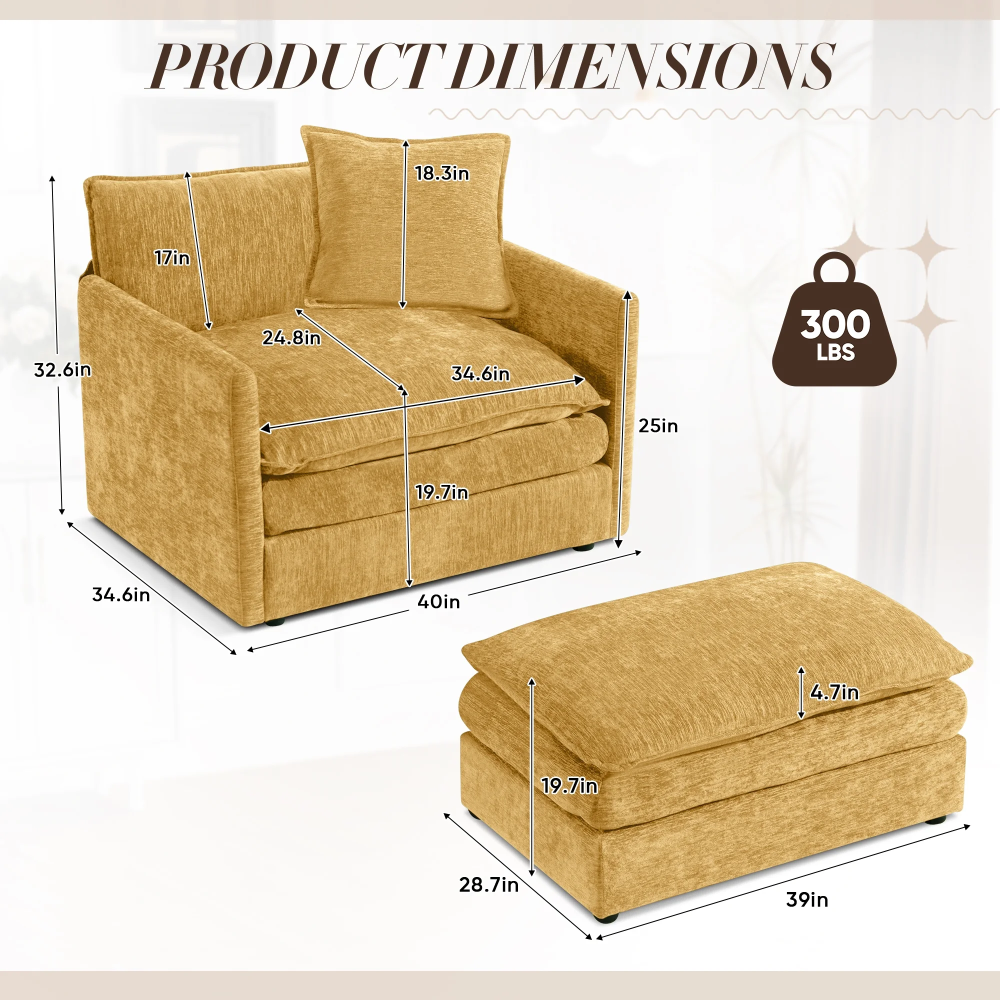Muumblus Oversized Lounge Chair with Ottoman, Cloud Accent Armchair for Living Room, Beige Chenille - Image 35