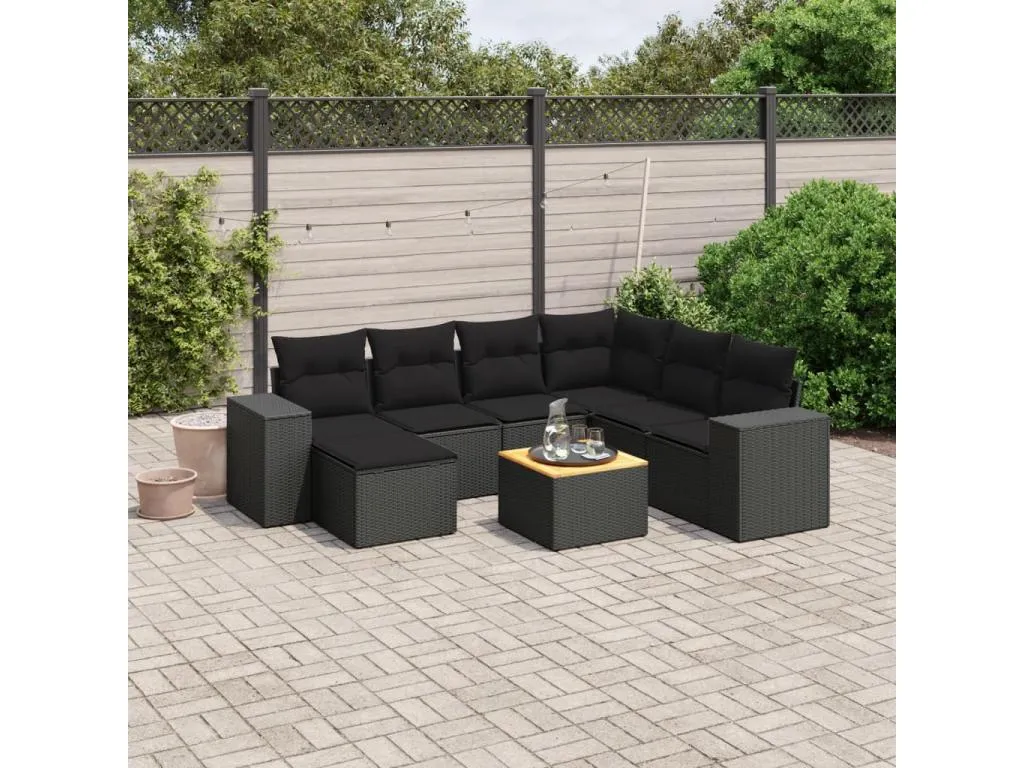 Alkifurniturees Set de sofás de jardín 8 piezas y cojines ratán sintético negro WPFZ90704