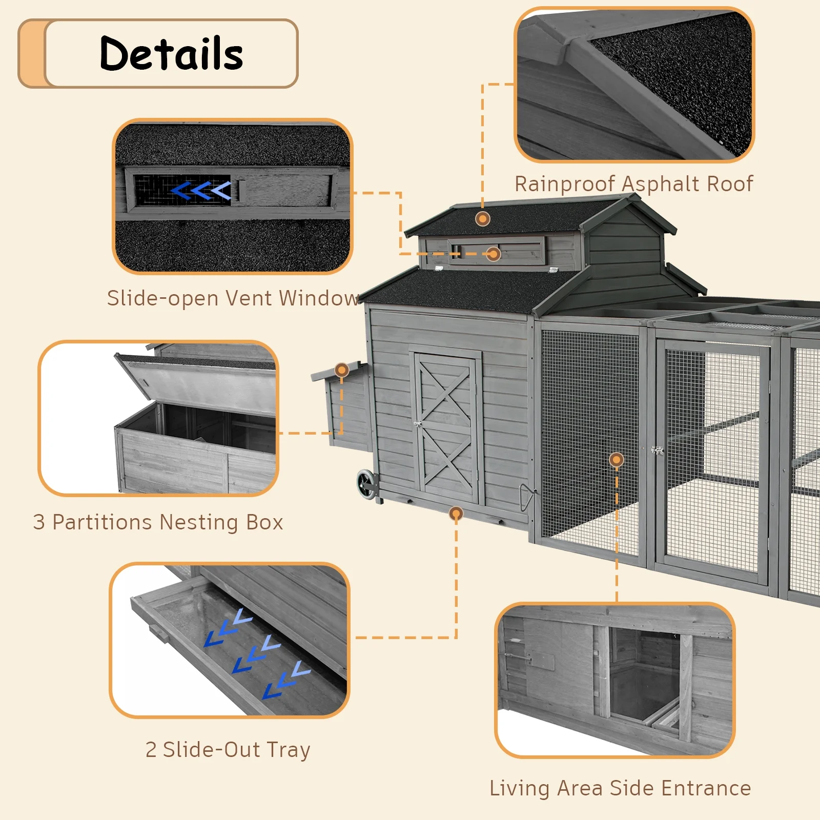 Chicken Coop for 6-10 Chickens, 112" Extal Large Chicken Coops, with Chicken Run & Nesting Box & Secure Enclosure, Outdoor Wooden Hen House Hutch for Rabbit, Poultry Pet, Duck - Image 5