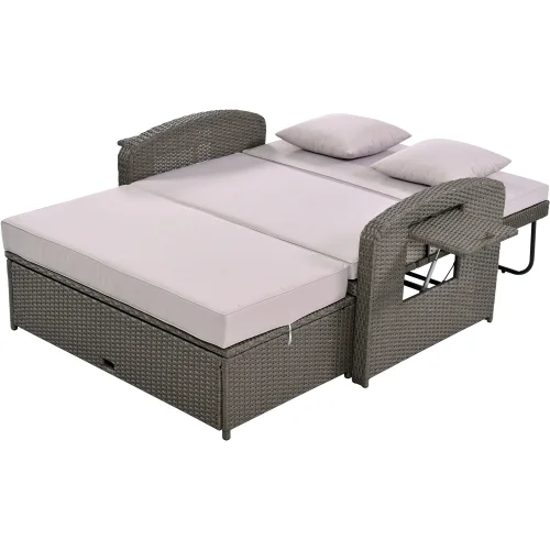 Harper & Bright Designs Rattan Outdoor Double Lounge Chaise 2-Person PE Wicker Outdoor Patio Sunbed with Canopy Cover for Backyard Garden Balcony, Beige+Black - Image 108