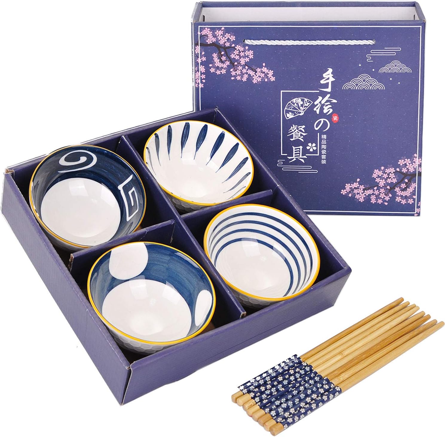 VanEnjoy Set of 4 Japanese Style Ceramic Rice Bowl with Gift Box,Blue and White Pattern Bowls Set,Underglazed Dinnerware, For Dessert Snack Cereal Soup Portion Control Bowl