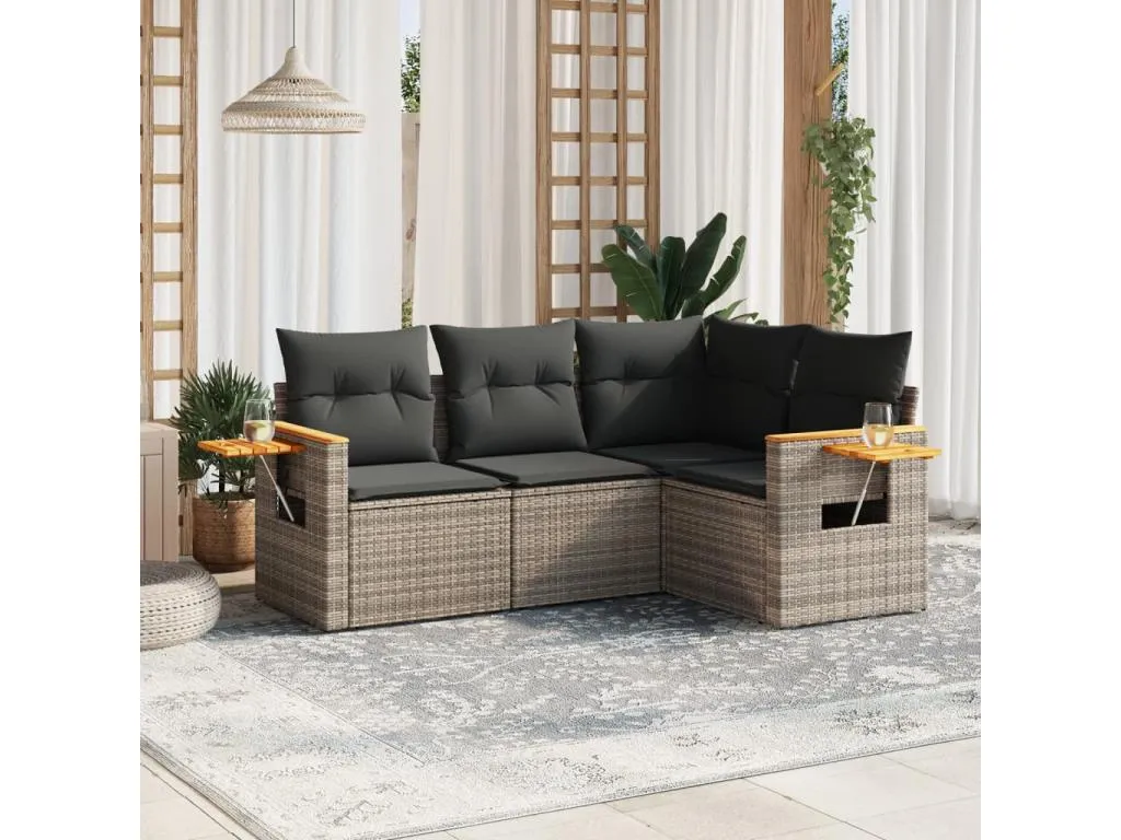Set de sofás de jardín 4 piezas y cojines ratán sintético gris DDFS38364
