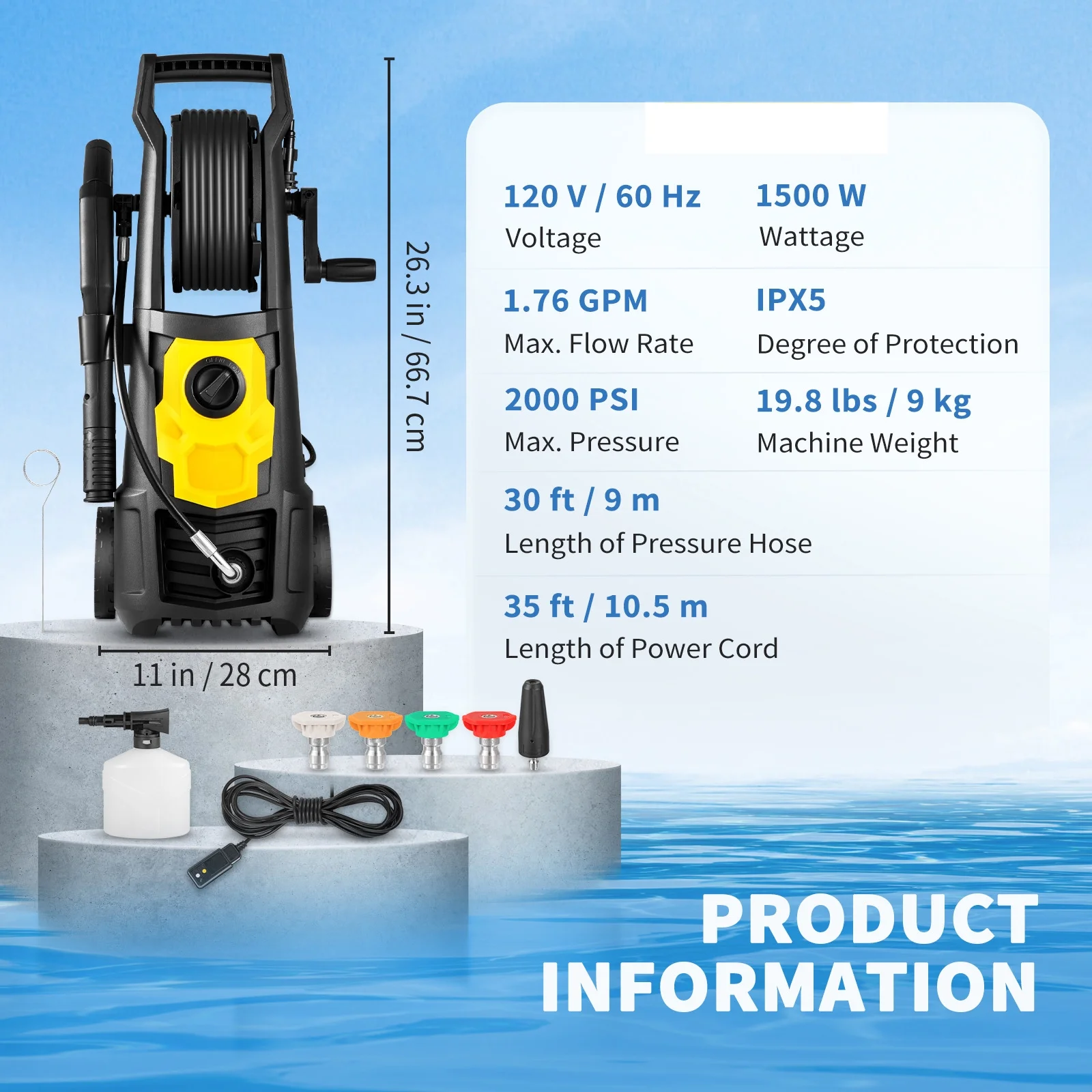 BENTISM Electric Pressure Washer, 2000 PSI 1.76 GPM 30 ft Hose & Reel, 5 Quick Connect Nozzles, Foam Cannon, Portable to Clean Patios, Cars, Fences, Driveways, ETL Listed - Image 3