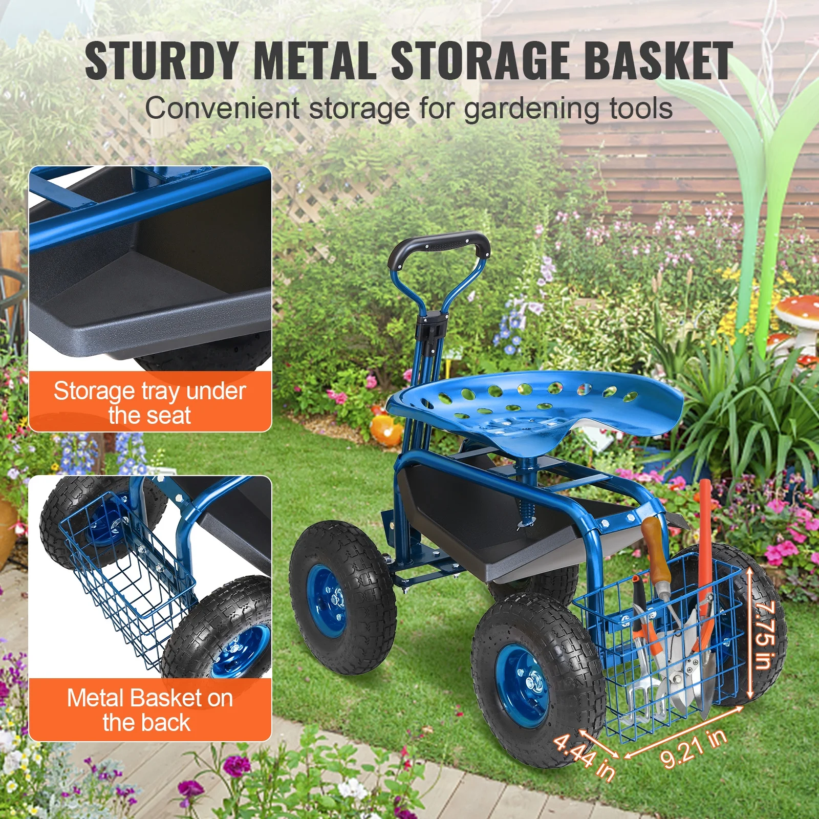 KFFKFF Outdoor Cart with Rotating Seat, Planting Stool on Wheels, Garden Trolley with Directional Handle and Handy Tool Tray, Ideal for Lawn, Patio, and Outside Areas, Blue - Image 2