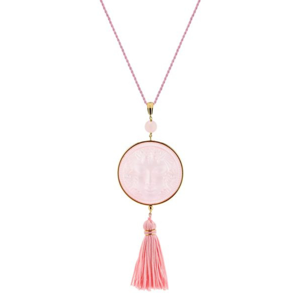 PENDENTIF ARÉTHUSE ROND - CRISTAL INCOLORE NACRÉ ROSE, PLAQUÉ OR JAUNE 18 CARATS, QUARTZ ROSE