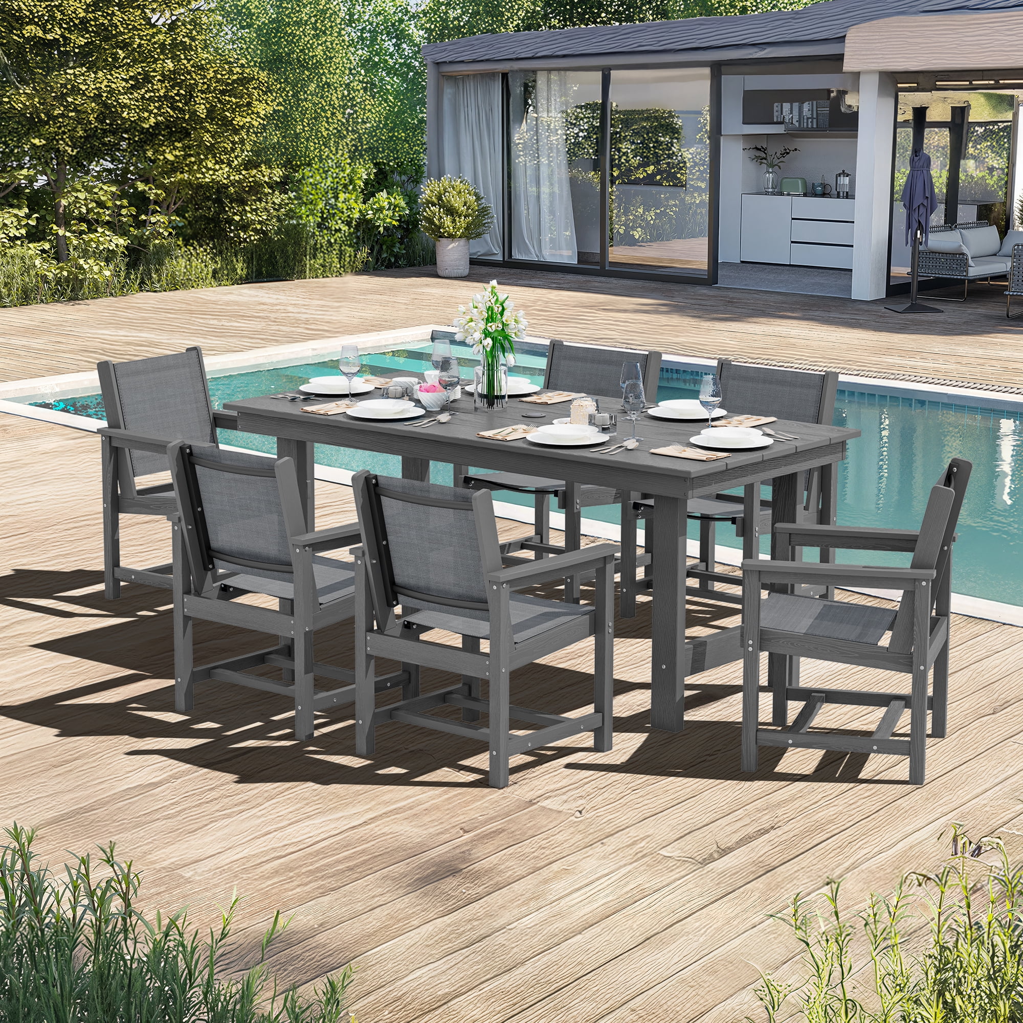 SERWALL Outdoor HDPE Dining Table Set, 7-Piece Outdoor Dining Table Sets with Umbrella Hole, Grey - Image 39