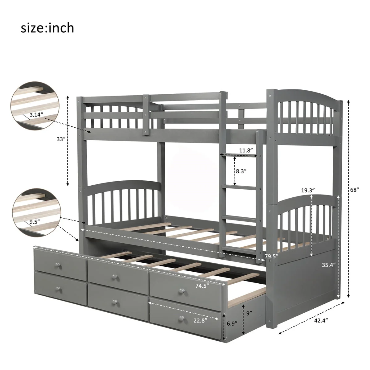 Twin-Over-Twin Bunk Bed with 3 Storage Drawers, Twin Bunk Bed Frame with Ladder & Safety Rail, Pinewood Trundle Bunk Bed for Teen Bedroom, Guest Room Furniture, Can be Convertible to 2 Beds, Gray - Image 4