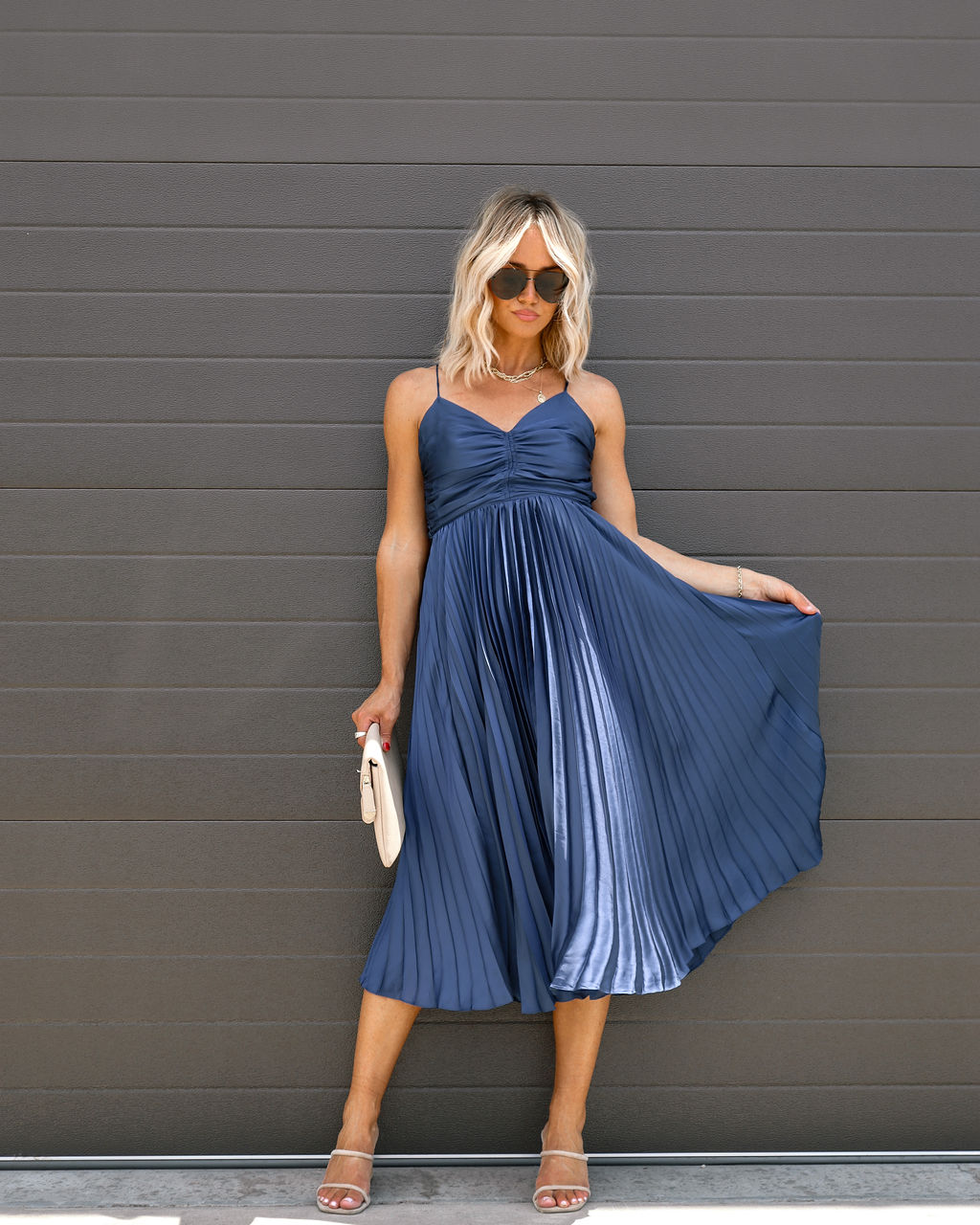 Classic Bombshell Satin Pleated Midi Dress - Midnight Blue - Se7enfashion