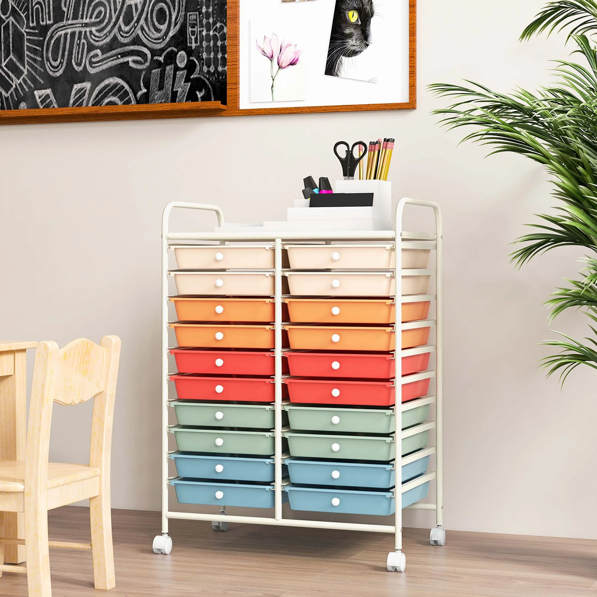 Costway 20 Drawer Rolling Storage Cart Tools Scrapbook Paper Office School Organizer Yellow - Image 24