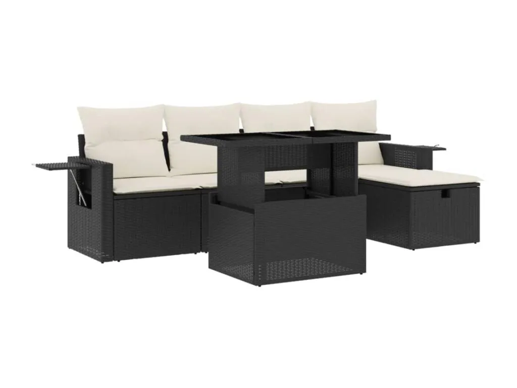 Set de sofás de jardín de 6 piezas con cojines ratán sintético negro KZ9641039