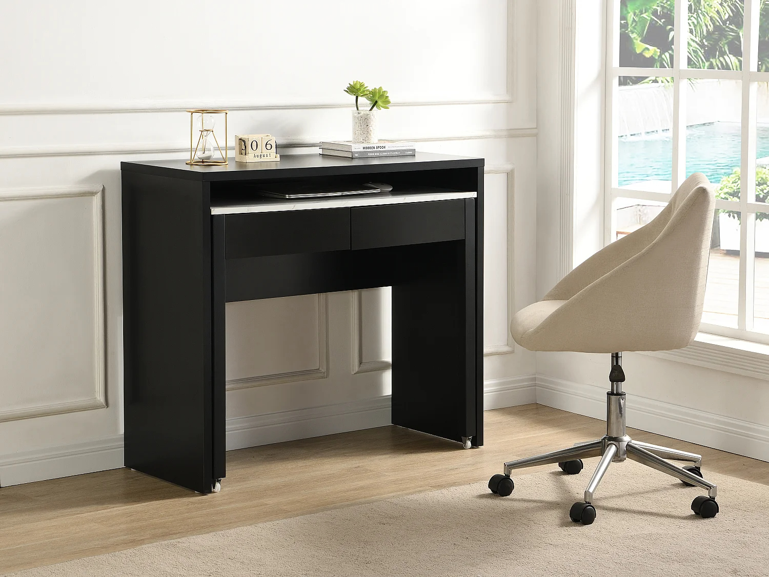 Escritorio consola extensible con 2 cajones - Negro y natural - LOAVIA