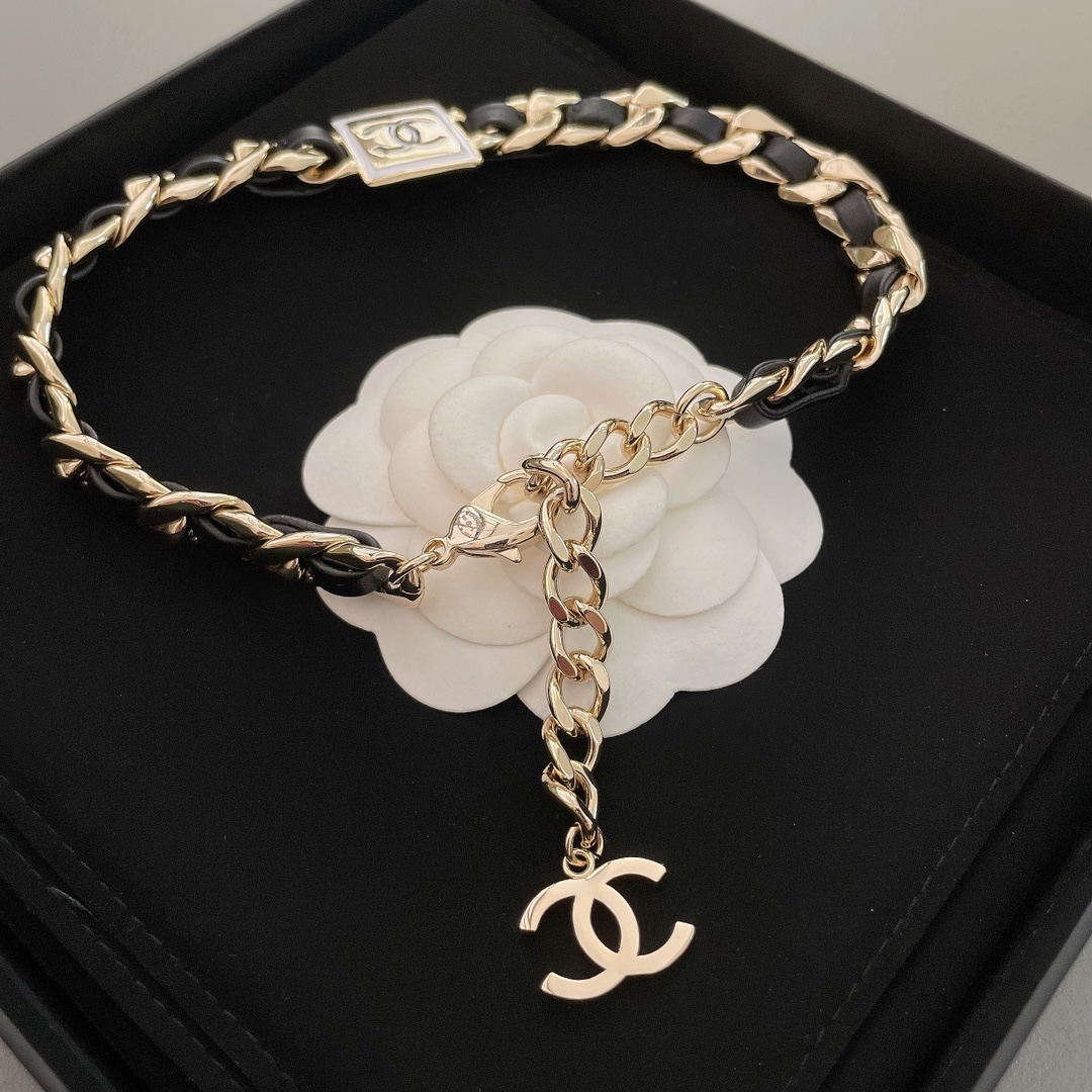 Chanel Leather Gold Chain Bracelet Choker Necklace - Original Replica Club