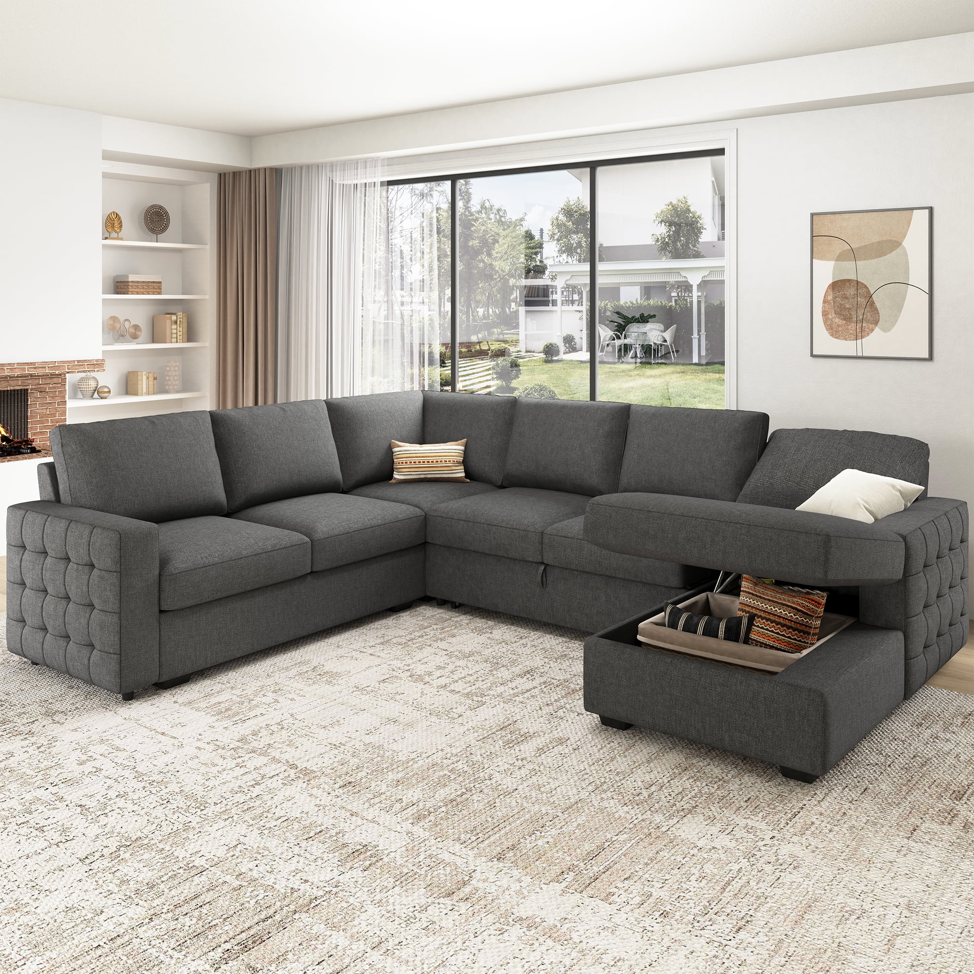 HONBAY Modular Sectional Pull-Out Sofa Bed with Storage Velvet U-Shaped Convertible Sleeper Sofa for Living Room, Blue - Image 60