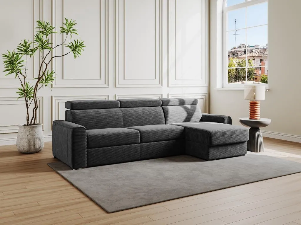 Sofá cama esquinero reversible tipo italiano de pana gris antracita - Cama de 140 cm - Colchón de 18 cm - Homepleno 22556tyew