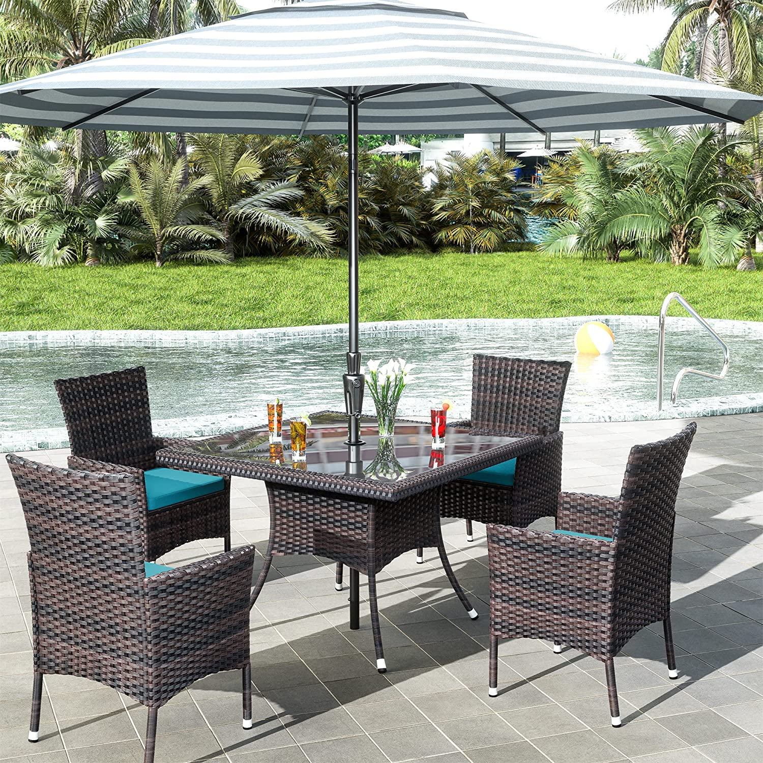 ALAULM 5 Pieces Patio Dining Set Outdoor Rattan Furniture with Square Glass Tabletop 4 Chairs with Cushions for Patio, Backyard Outdoor Kitchen Lawn & Garden Blue - Image 10