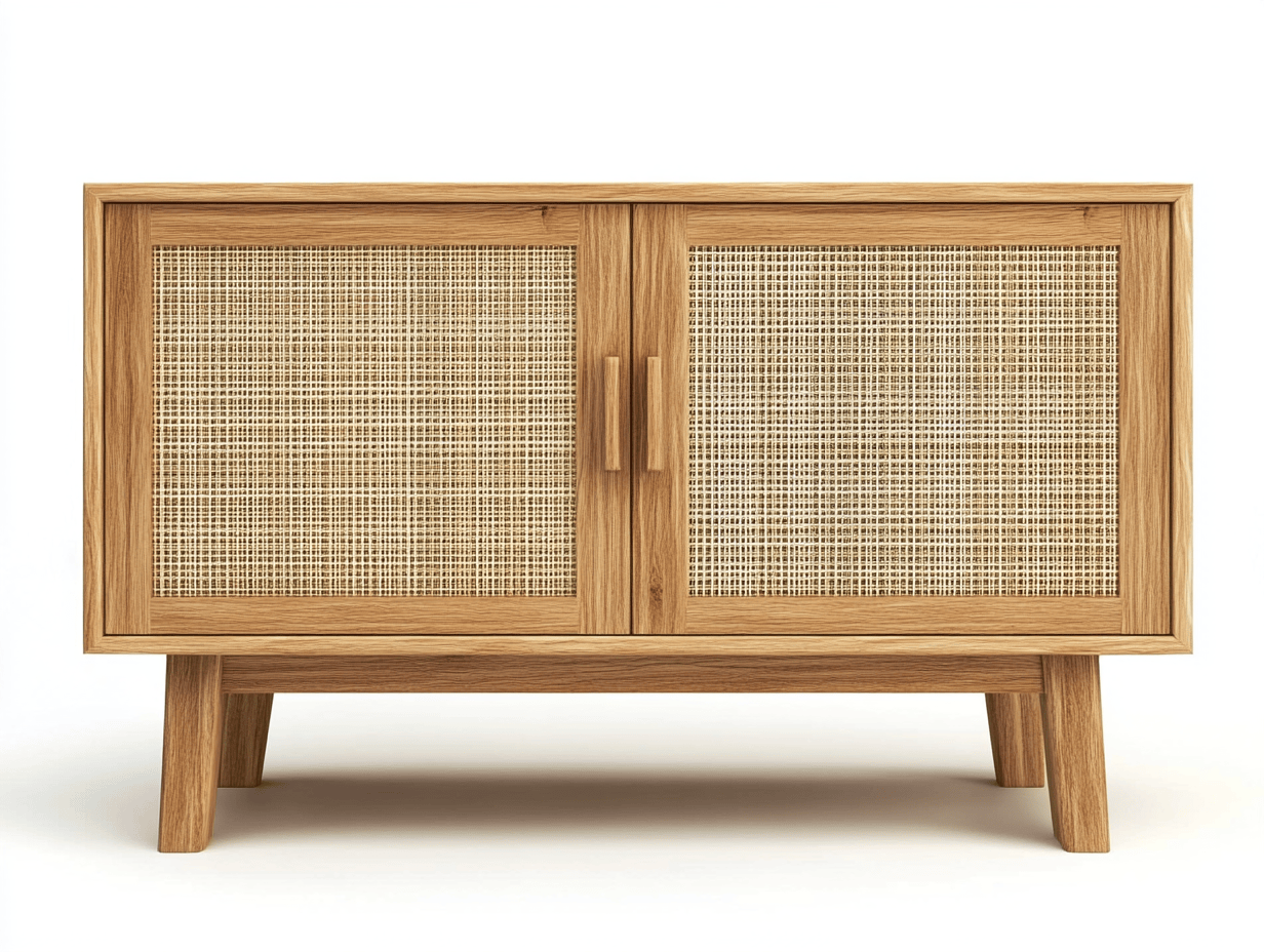 Armario de madera clara con puertas de ratán y patas de madera