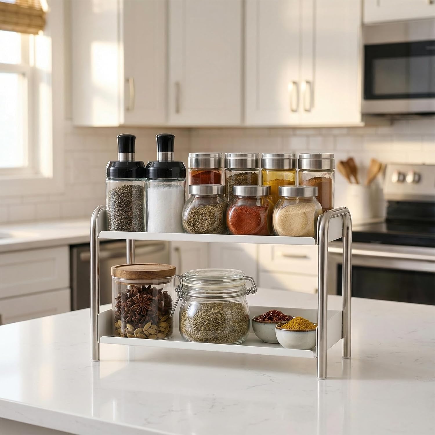 MOZIMABOX Cabinet Organizer Shelf, 2 Tier Kitchen Spice Rack Countertop Shelf Organizer, Stainless Steel Kitchen Storage Countertop Storage Shelf Container, (L, White)