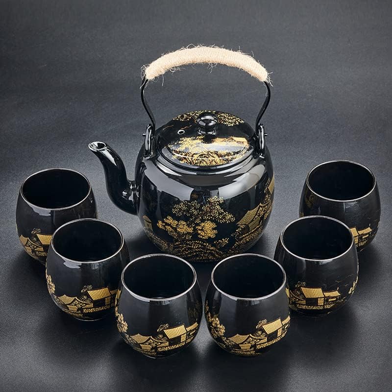 Gift Set Japanese Tea Set, Asian Black Glazed Ceramic Tea Set - Contains 1 Teapot, 1 Tea Strainer and 6 Teacups. Ideal for Home, Outdoor, Office (Black2)