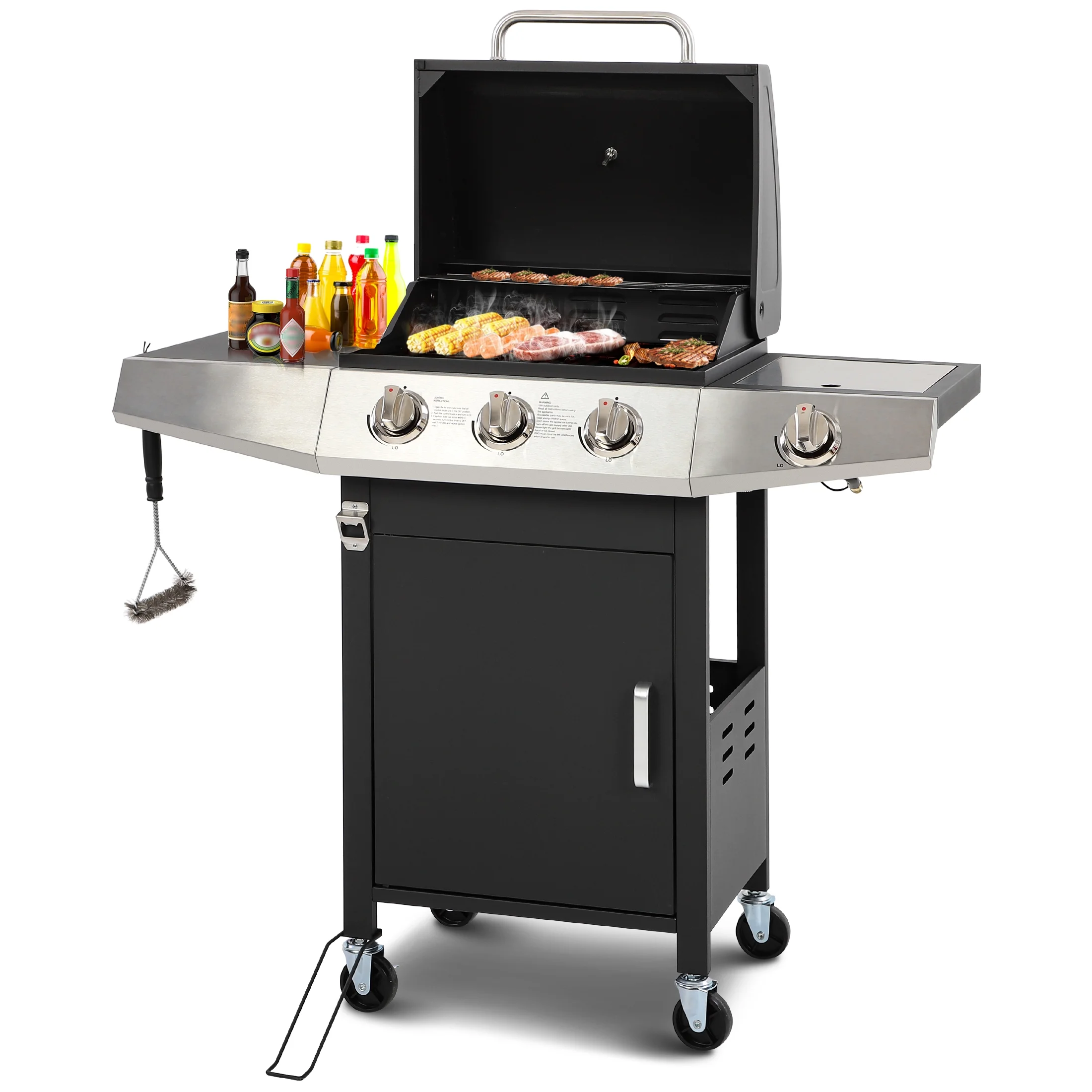 4-Burner Gas Grill with 4 Universal Wheels & Bottle Opener, 40000BTU Outdoor Grill with Side Table for Camping, Black & Sliver - Image 10
