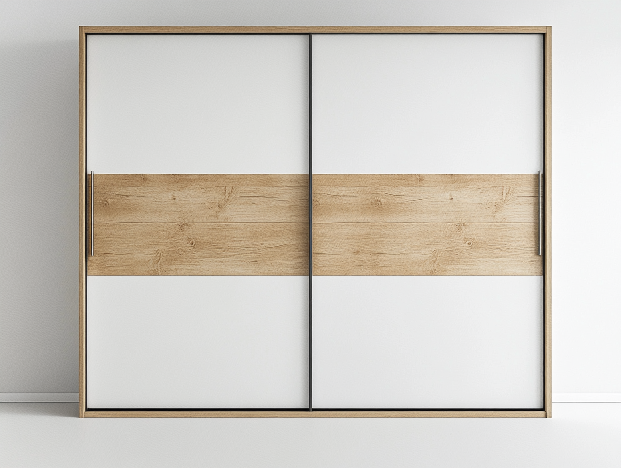 Armario corredero blanco con franja de madera clara, diseño moderno minimalista