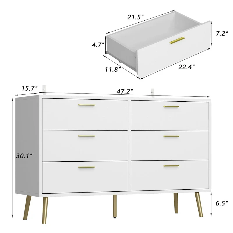 Elegant 6-Drawer Double Dresser with Gold Accents for Stylish Bedroom Storage