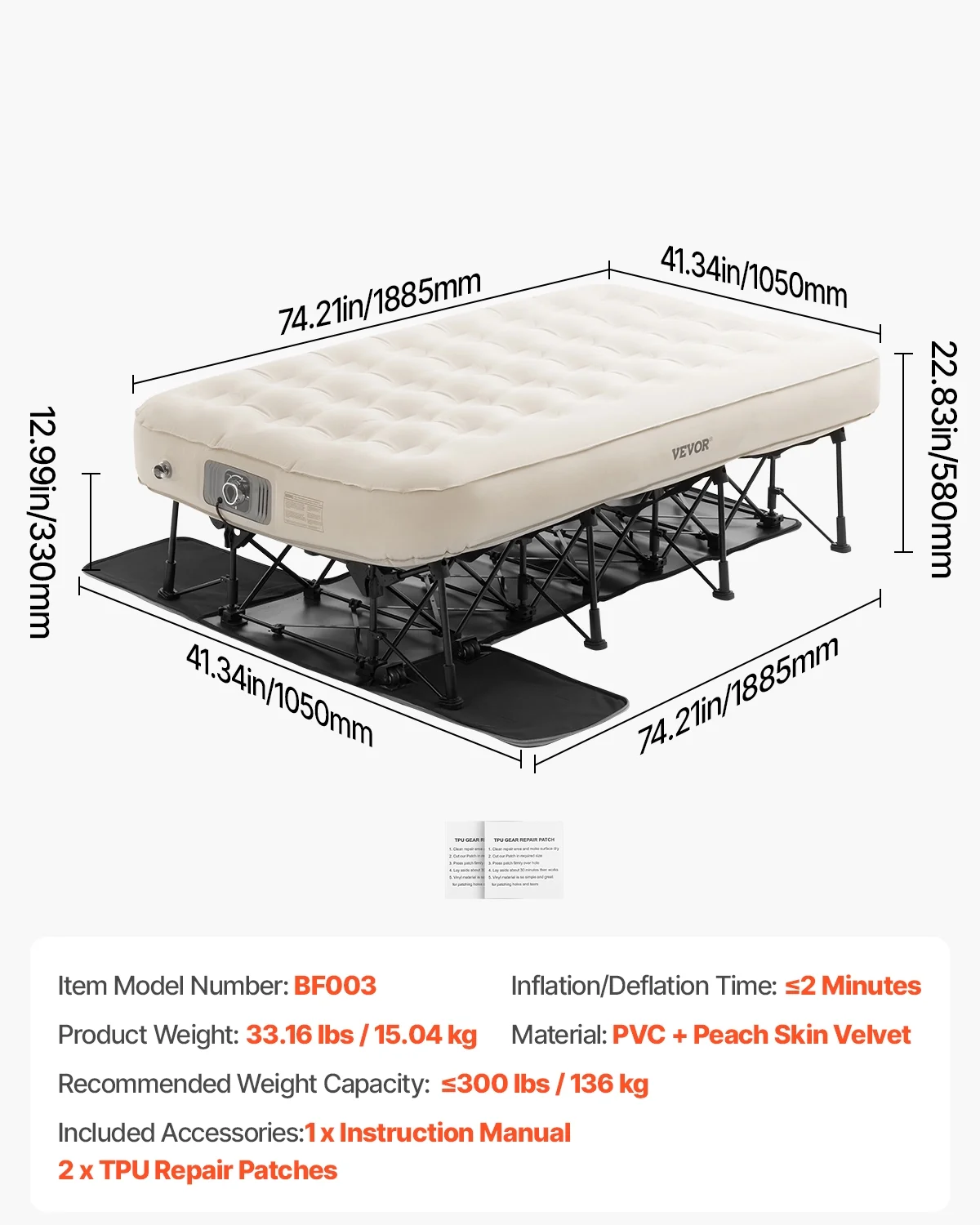 VEVOR Air Mattress with Frame, Inflatable 1 Person Camping Cot with Built-in Pump, Portable Folding Air Beds Supports 300 lbs, Blow Up Anywhere Bed for Guests Camping Travel Indoor & Outdoor Use - Image 7