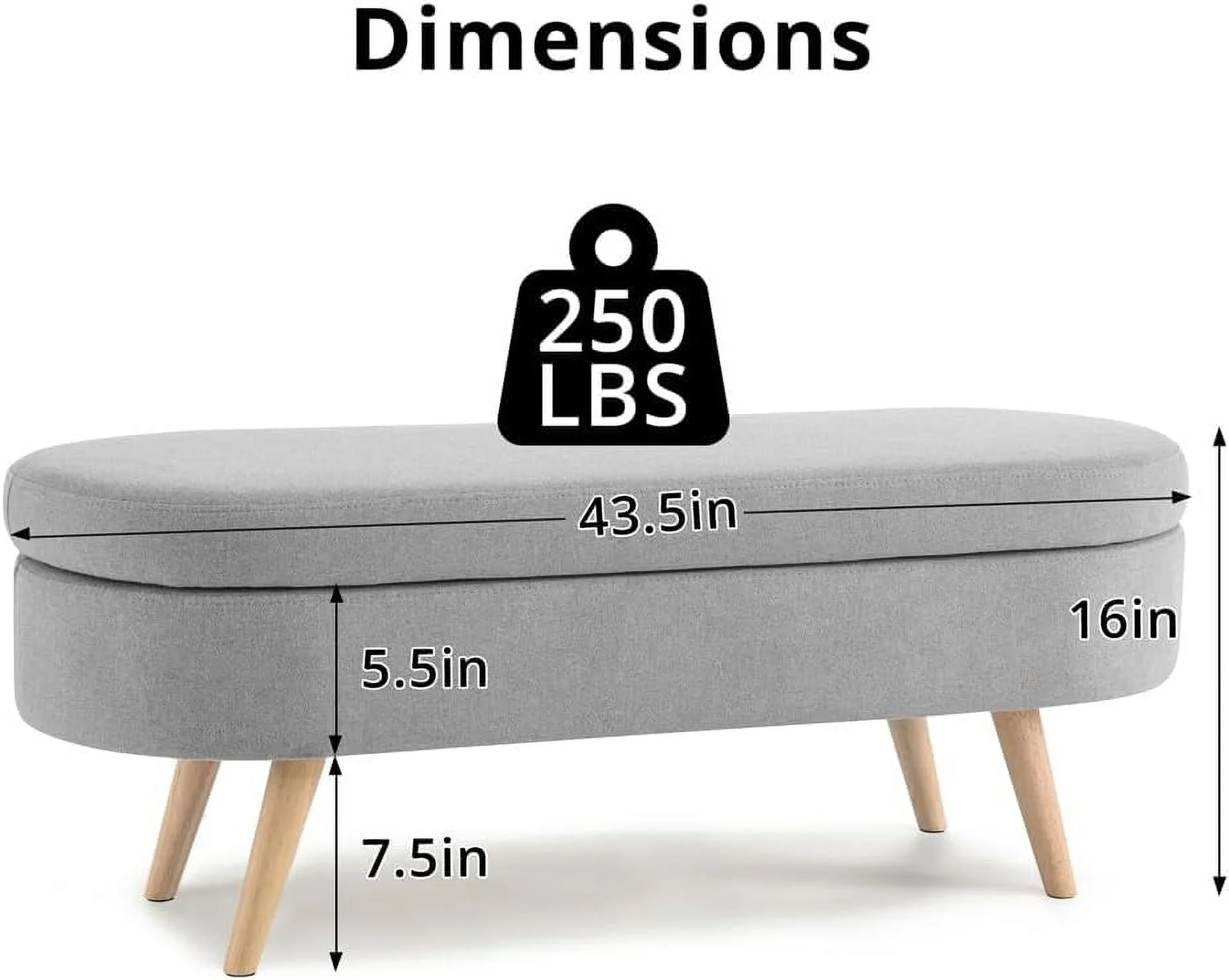 Sumdeal 43.5" Storage Ottoman Bench with 250lb Seating, Linen Upholstered Wood Legs Safety Hinge Flip Top Oval Foot Rest Long Stool for Sofa Couch Bedroom End of Bed Living Room Entryway, White - Image 57