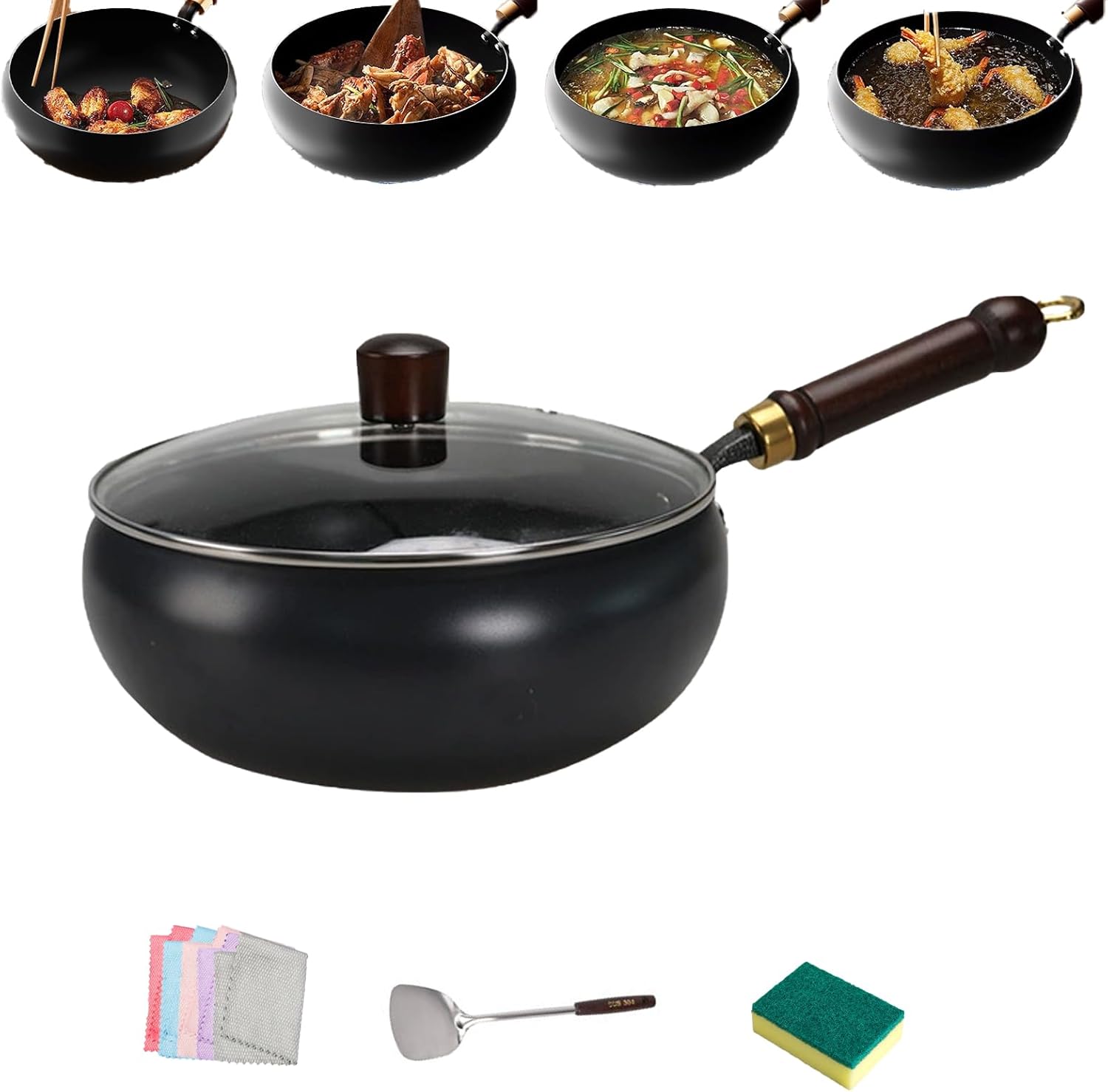 Japanese Cast Iron Wok Pan, 2026 New Non-Stick Uncoated Japanese Wok, Hand Hammered Multi-Purpose Cast Iron Pan with Lid & Spatula for Cooking Stewing (Hammered with Wooden Lid,28cm/11.02in)